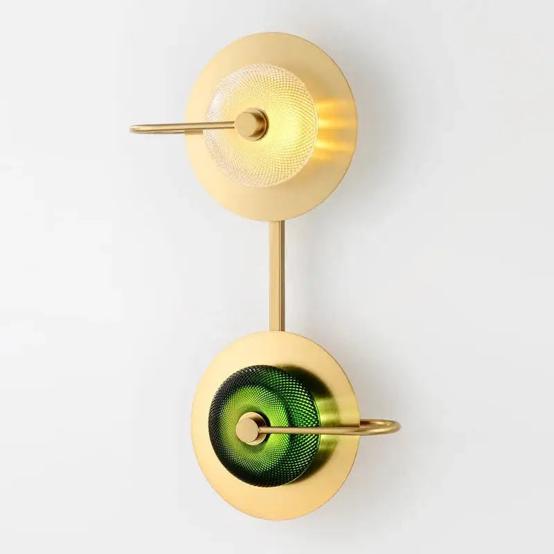 DecorBites™ Scandinavian brass wall sconce with premium brass finish and two circular glass shades in gold tone
