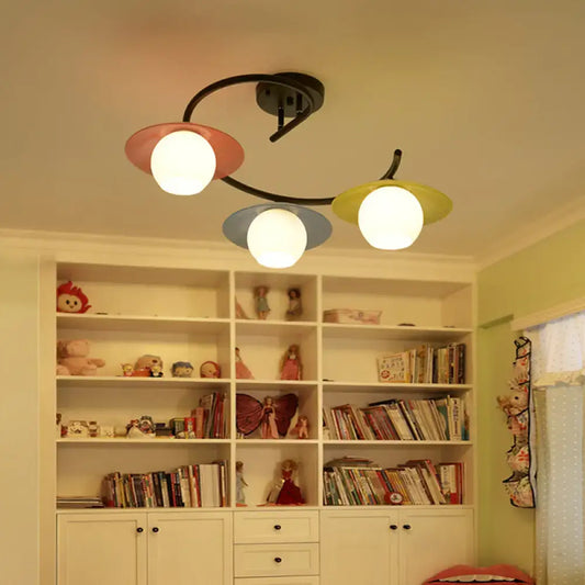 Decorbites™ semi flush light with modernist red yellow blue glass and pastel saucer shades in black spiral design