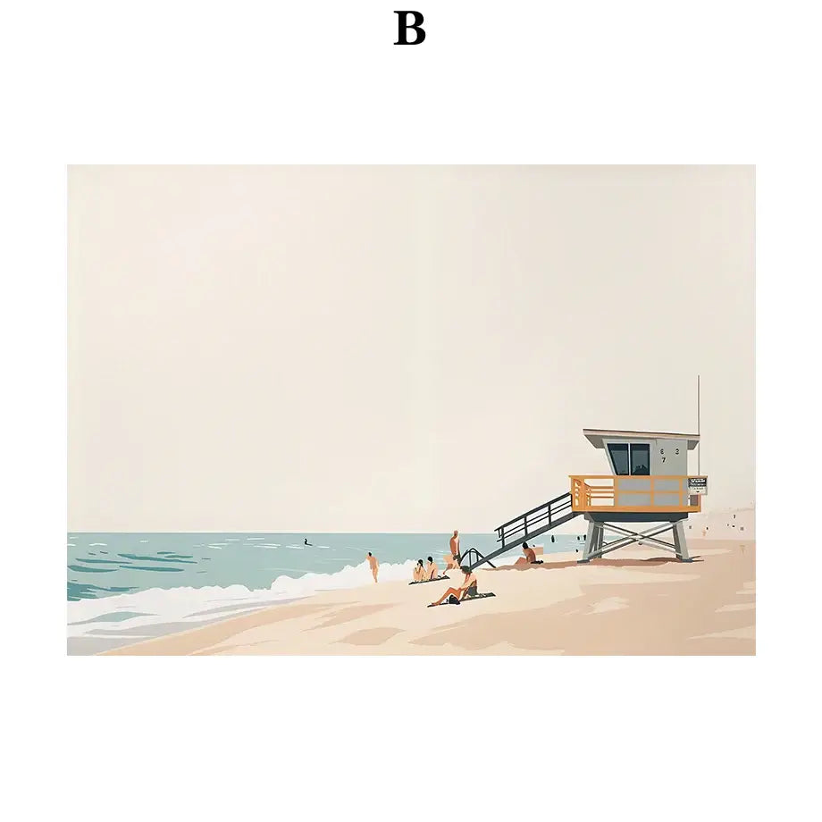 Beige and orange lifeguard tower watercolor illustration with wooden railing and metal legs in decorbites serene beach print