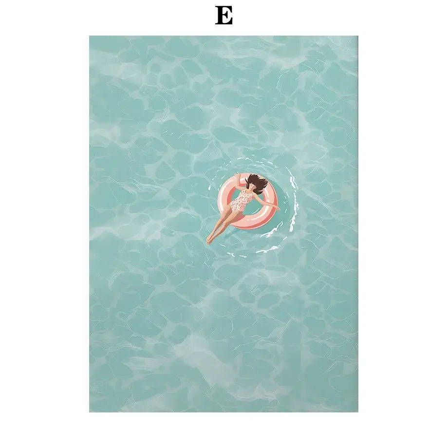 DecorBites™ serene beach watercolor canvas art print featuring a pink inflatable swim ring swimming watercolor illustration