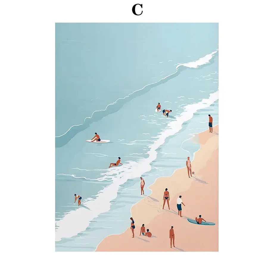 Decorbites™ serene beach watercolor illustration canvas art print featuring swimming watercolor illustration in pastel tones