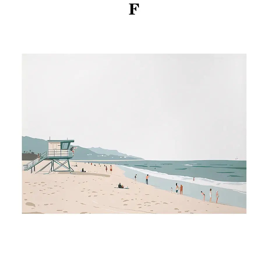 Decorbites™ serene beach watercolor illustration canvas art print featuring teal lifeguard tower and gentle ocean waves