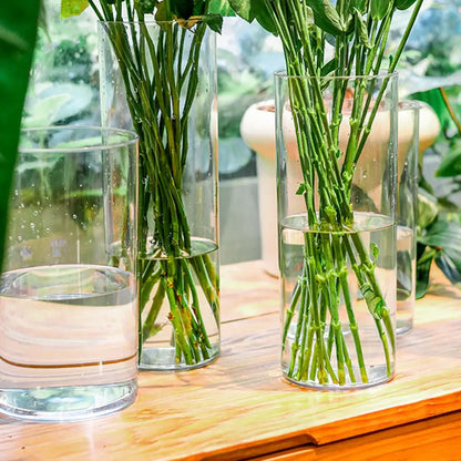 DecorBites™ shatterproof tall transparent acrylic flower vase with clear cylindrical glass design holding green stems in water