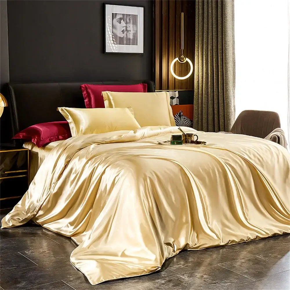 DecorBites silk bedding set with glossy gold satin duvet cover pcs and matching cream and burgundy pillows for width bed