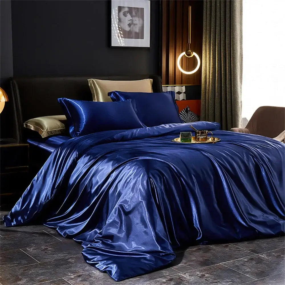 Royal blue satin decorbites silk bedding set with pcs duvet cover featuring a glossy luxurious finish for width bed