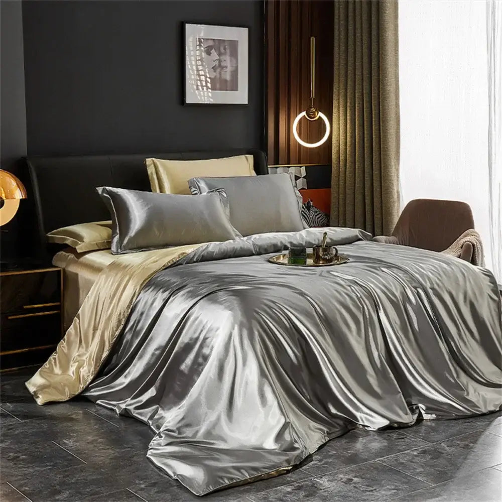 Decorbites™ silk bedding set silver satin duvet cover with gold trim luxury pcs duvet cover for width bed
