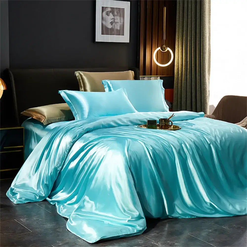 Decorbites silk bedding set turquoise satin duvet cover with matching pillows and gold-trimmed accent pillow for width bed