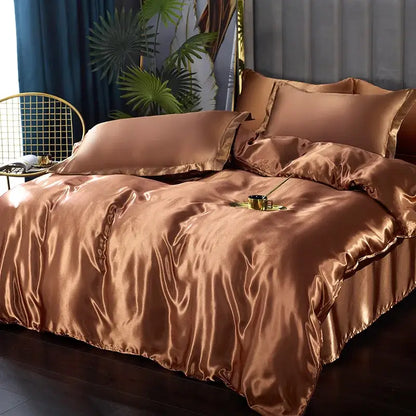 DecorBites™ silk bedding set in rose gold satin with pcs duvet cover and smooth glossy finish for width bed