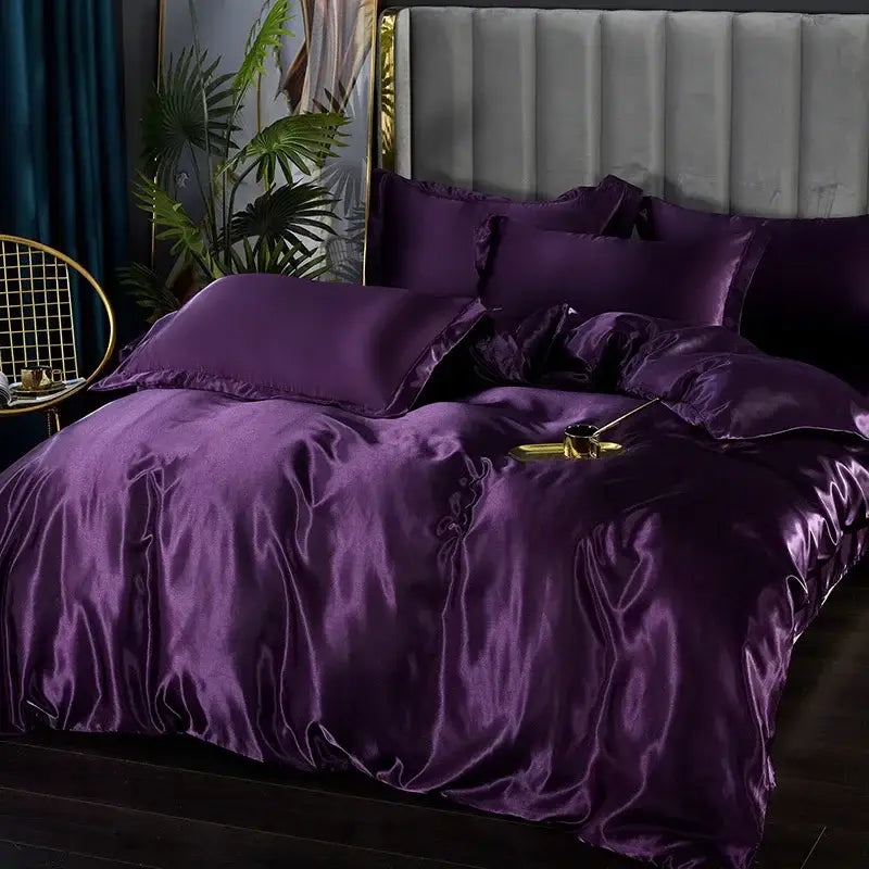 Decorbites™ silk bedding set in deep purple satin with pcs duvet cover and plush tufted headboard for width bed