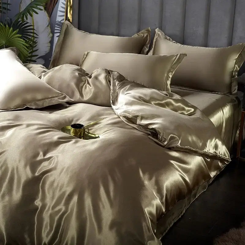 Luxurious gold satin silk duvet cover and pcs duvet cover set by decorbites with smooth reflective surface and elegant folds