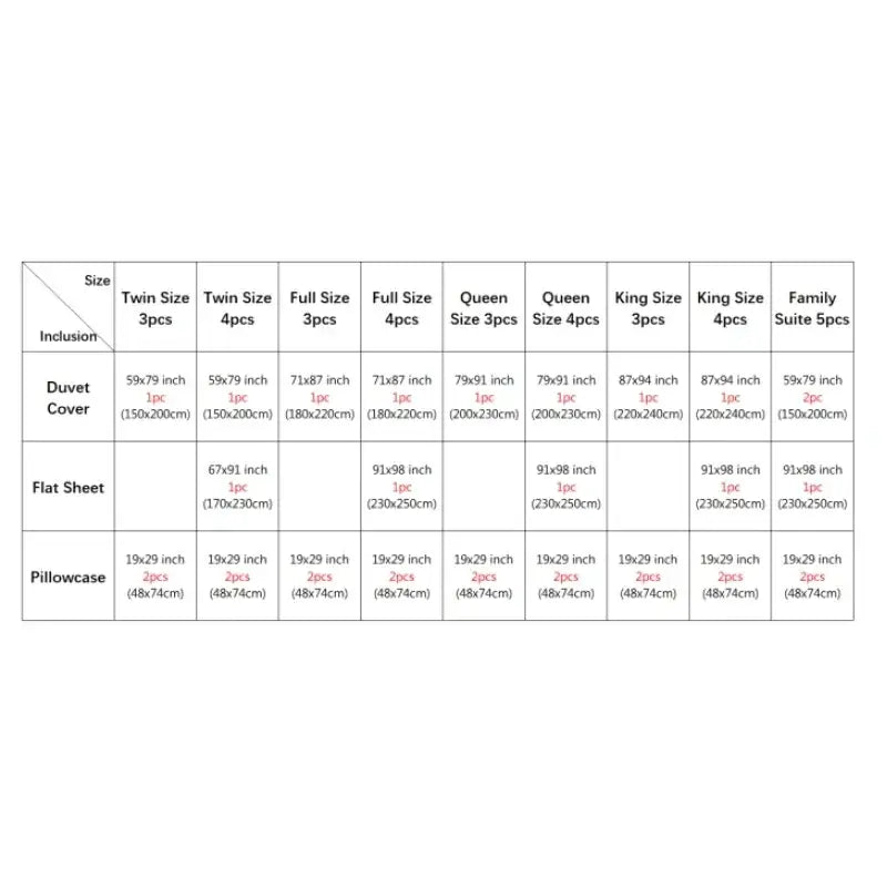 Detailed size chart for decorbites silk bedding set showing duvet cover pcs and width bed dimensions in luxury solid colors