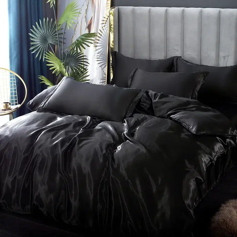 Black satin decorbites™ silk bedding set with glossy smooth texture and elegant draping for various width bed pcs duvet cover