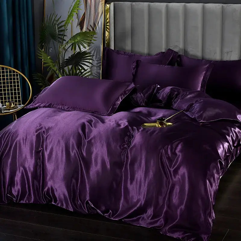 Deep purple satin duvet cover from decorbites silk bedding set with glossy luxury finish available in various widths