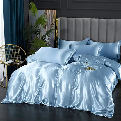 Light blue satin DecorBites silk bedding set with glossy finish includes pcs duvet cover for width bed sizes