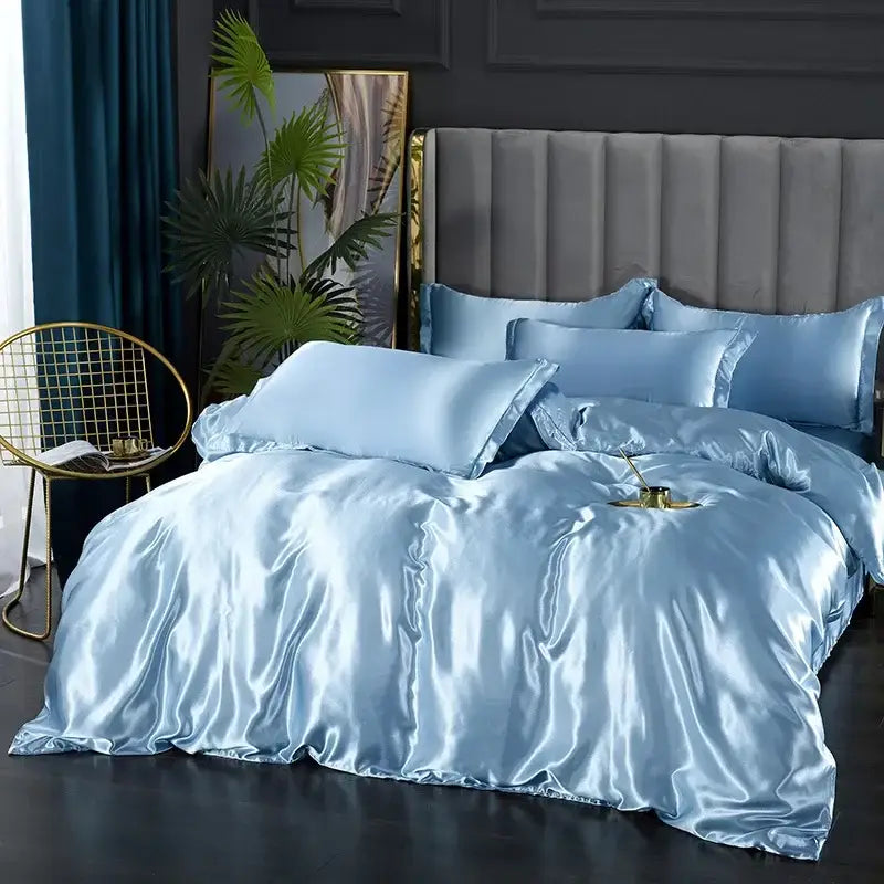 Decorbites™ silk bedding set in light blue satin with glossy finish includes duvet cover and matching pillows for width bed