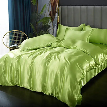 Lush lime green satin DecorBites™ silk bedding set with duvet cover and matching pcs duvet cover for width bed