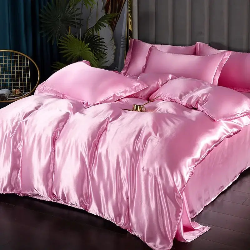 DecorBites™ silk duvet cover set in pink satin with glossy finish includes matching pillows for width bed sizes