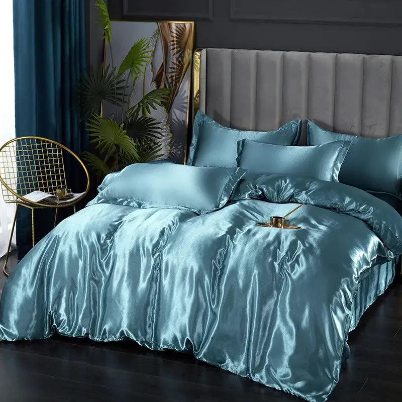 Teal satin DecorBites™ silk bedding set with glossy finish includes duvet cover and matching pcs duvet cover for width bed