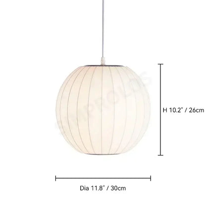 Off-white spherical DecorBites silk led pendant lamp with vertical ribbed texture and sleek white cord for modern lighting