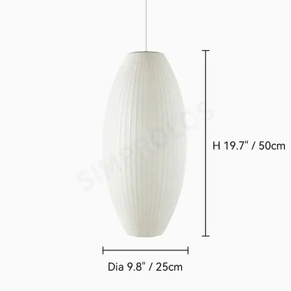 White vertically ribbed decorbites™ silk led pendant lamp with elongated oval shape designed for modern lighting