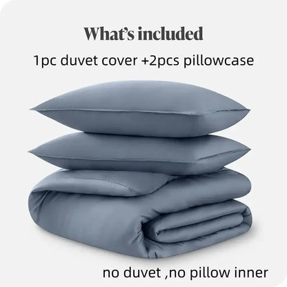Stacked neatly gray decorbites silky cooling duvet cover set 3pcs made from smooth satin-like fabric for full queen king beds