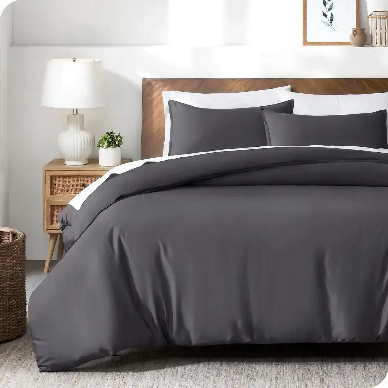 Dark gray duvet cover set with white piping and silky satin finish by decorbites™ for cooling comfort full queen king sizes