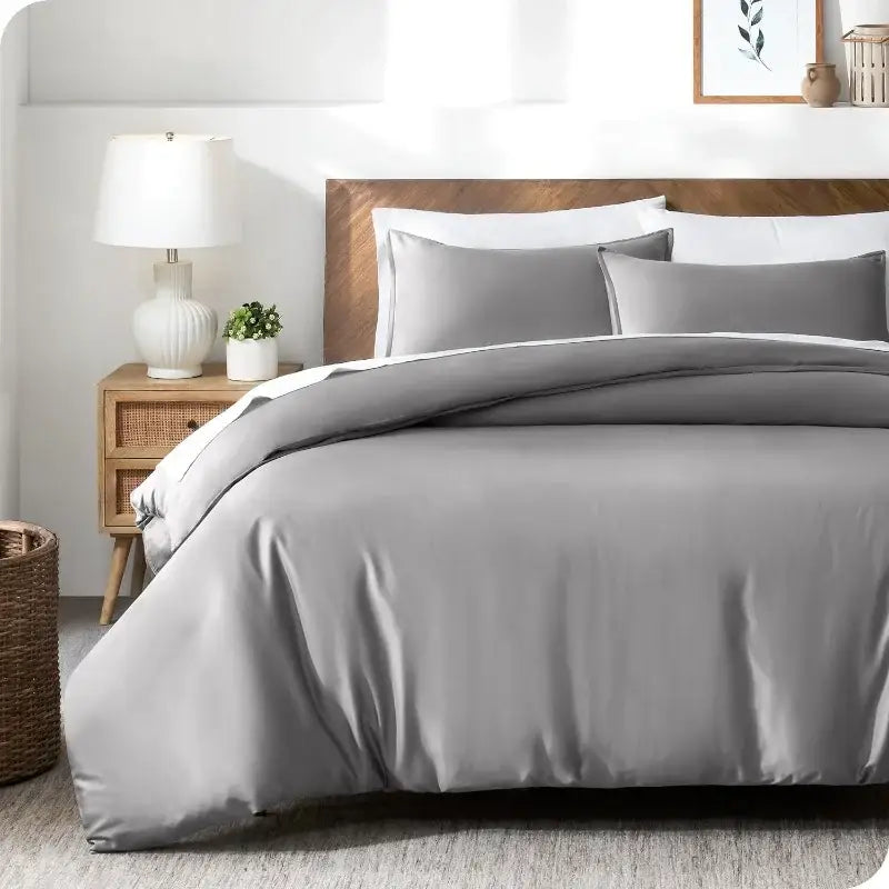 Gray satin duvet cover set with matching pillowcases decorbites silky cooling 3pcs full queen king cover set