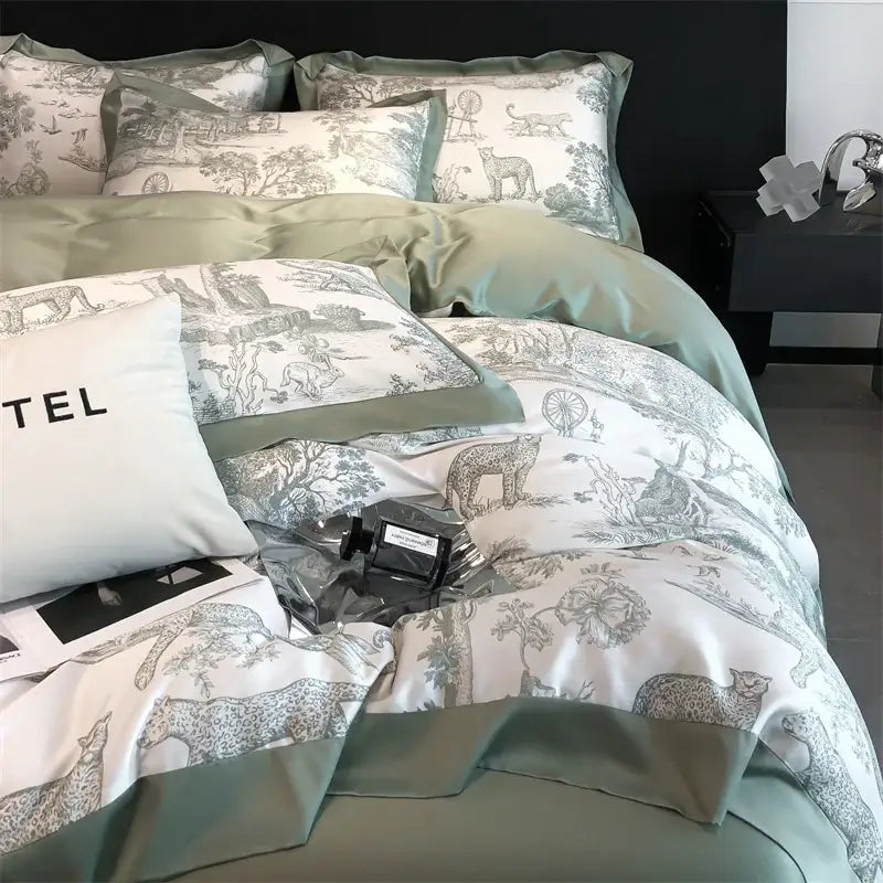 Elegant sage green and white satin duvet cover and bed sheet set with toile leopards print made of eucalyptus fiber