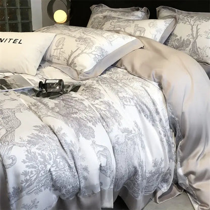 Elegant white satin duvet cover set with gray toile forest motifs and matching pillowcases made of eucalyptus fiber