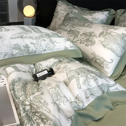 Decorbites silky eucalyptus fiber duvet cover and bed sheet set in soft sage green with toile-style forest leopard print