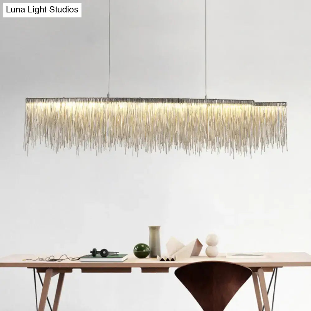 DecorBites silver metallic tassel chain led pendant light with golden strands for post-modern dining room island lighting