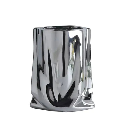 DecorBites™ silver ruffled flower vase in shiny silver ceramic with textured irregular surface for elegant decor