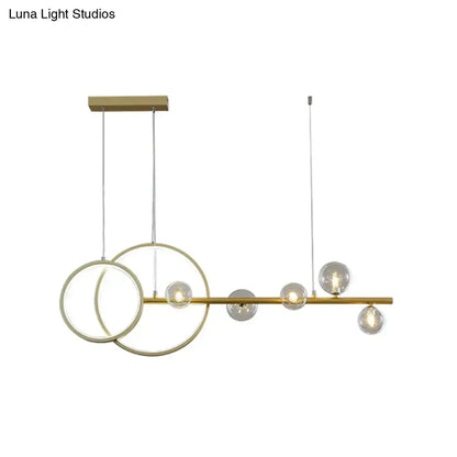 DecorBites simple 5-head LED ceiling light fixture in gold with clear glass sphere bulbs and intersecting rings design