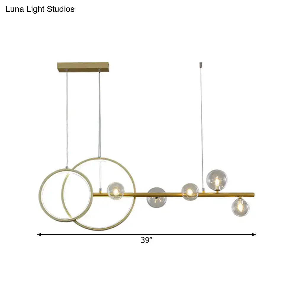 DecorBites™ gold ceiling light fixture with five LED clear glass sphere bulbs and intersecting circular rings