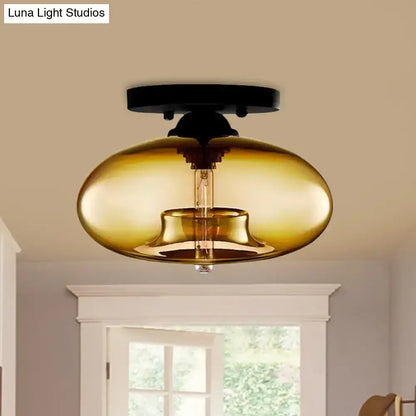 Decorbites simple style amber glass oval flush mount lamp with exposed filament bulb and black metal ceiling mount