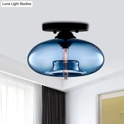 Decorbites simple style blue glass oval flush mount ceiling light with black metal fixture and exposed filament bulb