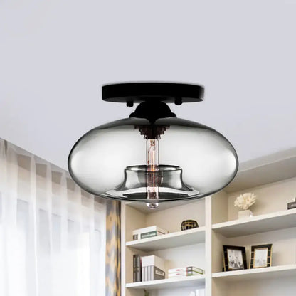 Modern black finish decorbites flush mount ceiling light with glass oval flush smoky shade and exposed filament bulb