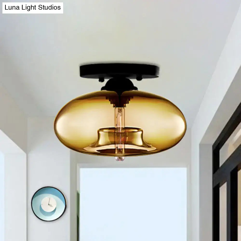 Decorbites simple style amber glass oval flush mount lamp with black metal ceiling mount for hallway lighting