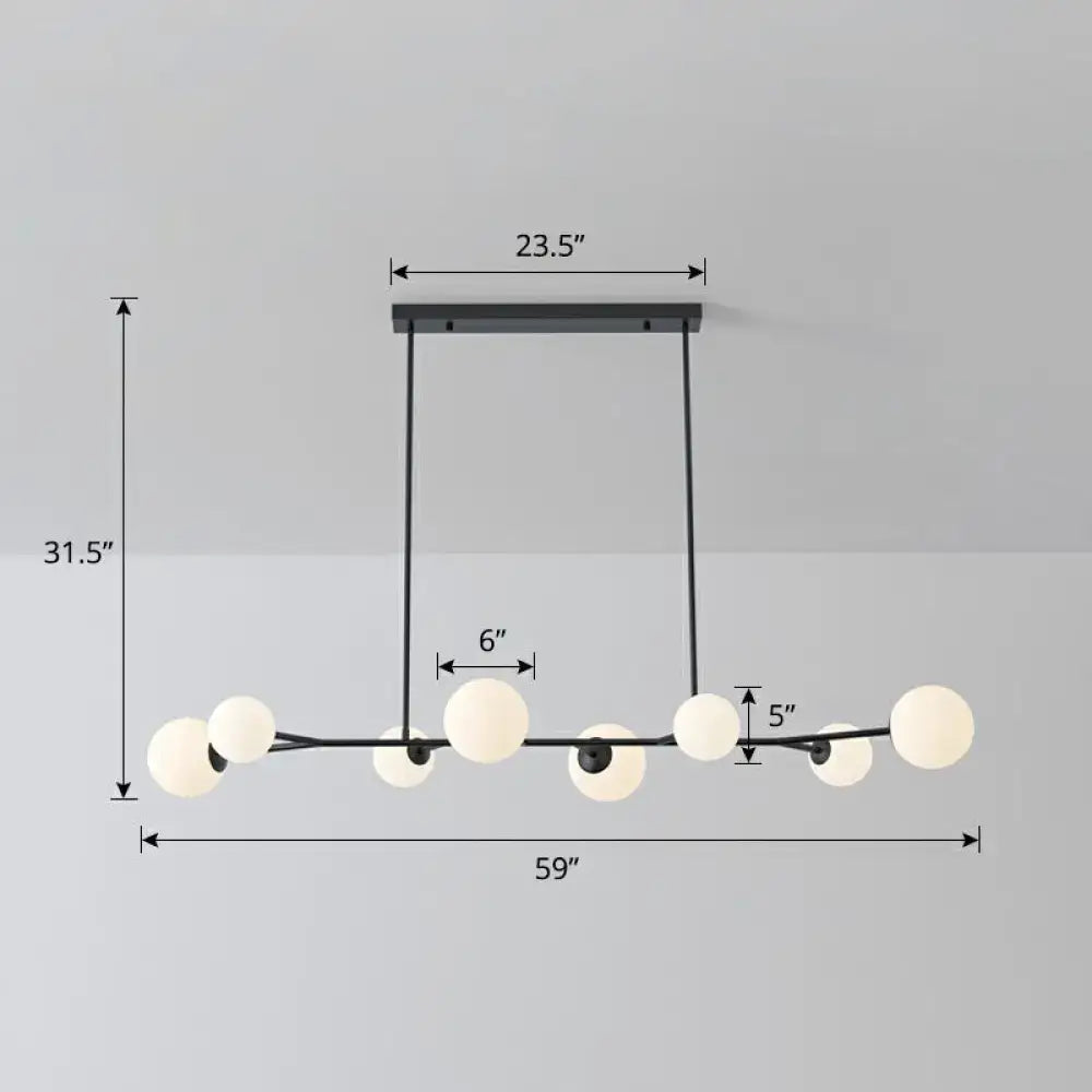 Modern black metal molecular island ceiling chandelier with frosted opal glass globe bulbs for dining rooms