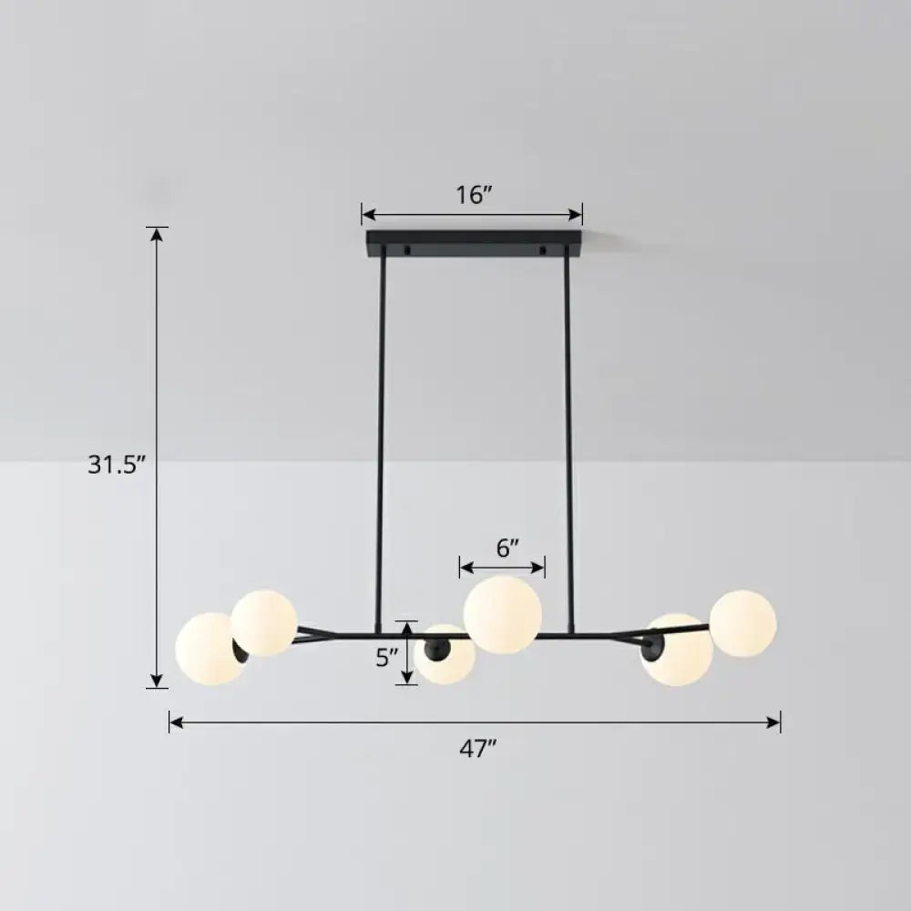 Modern black metal molecular island chandelier with six opal glass frosted globe lights for dining rooms ceiling