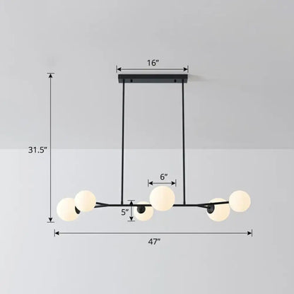 Modern black metal molecular island chandelier with six opal glass frosted globe lights for dining rooms ceiling