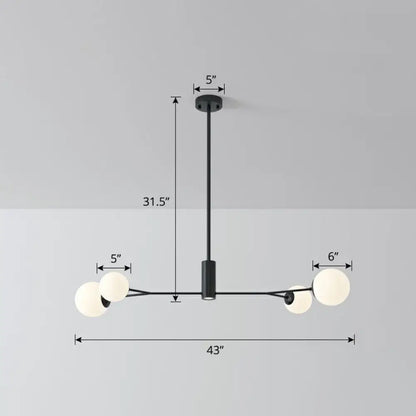 Modern black metal molecular island chandelier with four opal glass globe lights for dining rooms ceiling suspension