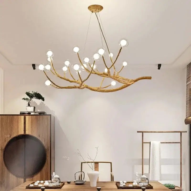 Golden decorbites™ simulation iron tree branch bubble chandelier with multiple spherical bulbs and iron tree design