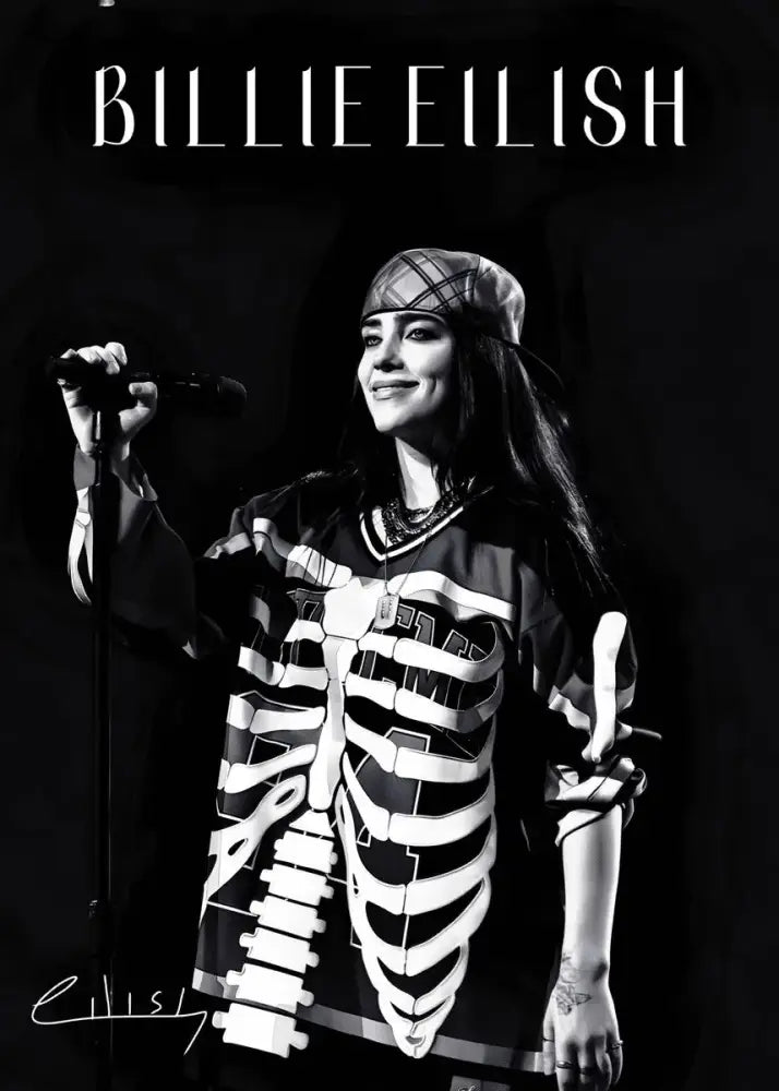 Black and white skeleton-printed hoodie with v-neck collar featured alongside DecorBites™ Singer B-Billies canvas art print for home walls
