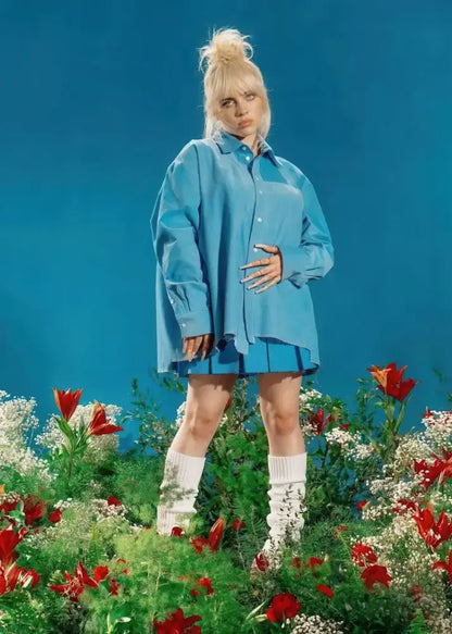 Decorbites™ singer b-billies canvas art print featuring a blue oversized button-up shirt with relaxed fit and asymmetrical hemline