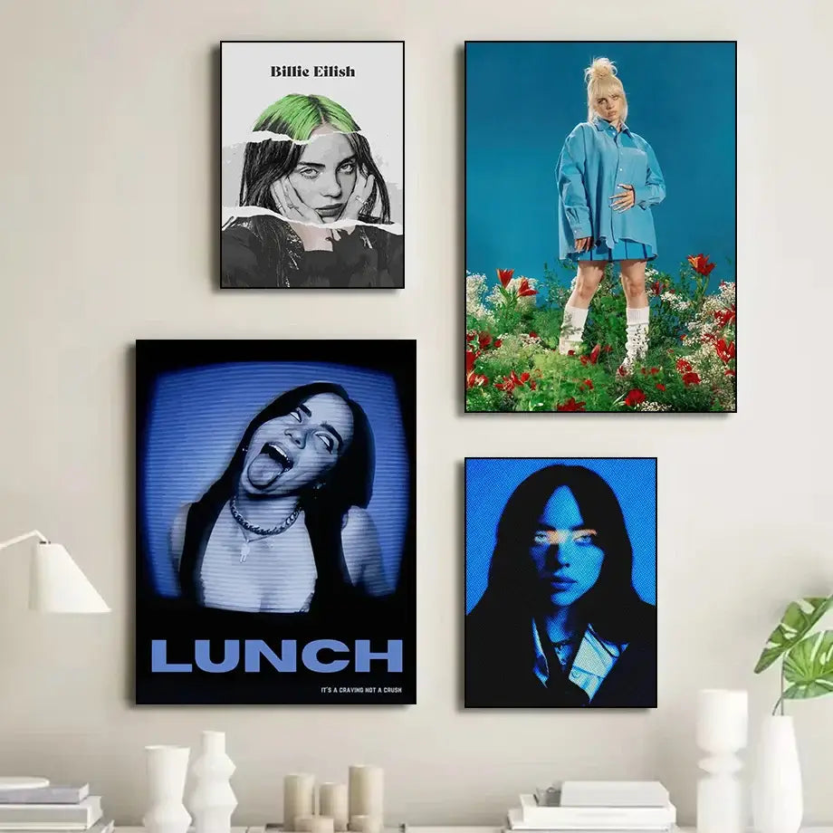 Four framed billie eilish singer b-billies canvas art prints in various styles including green hair and lunch text for home wall decor