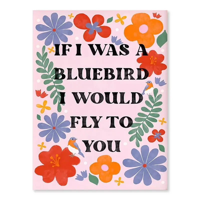 Pink rectangular DecorBites™ singer Harris Styles lyrics art poster with styles lyrics and floral bluebird design