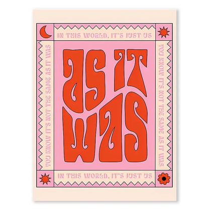 A vibrant pink and orange retro styles lyrics art poster by decorbites featuring bold stylized text and decorative borders