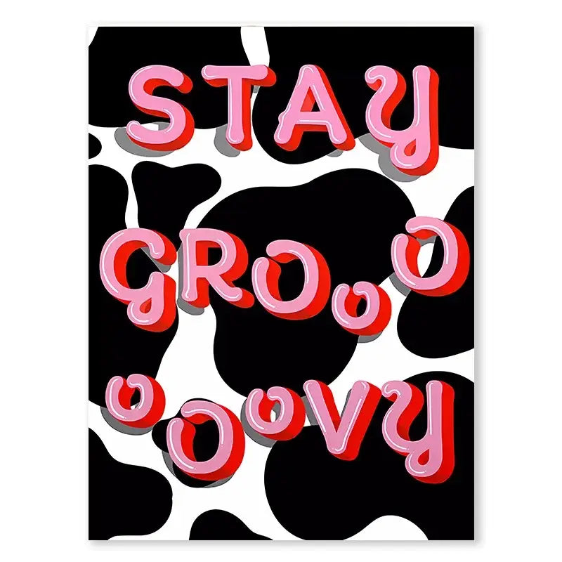 DecorBites™ singer Harris Styles styles lyrics art poster in vibrant pink and red with a black and white cow print background