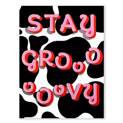 DecorBites™ singer Harris Styles styles lyrics art poster in vibrant pink and red with a black and white cow print background